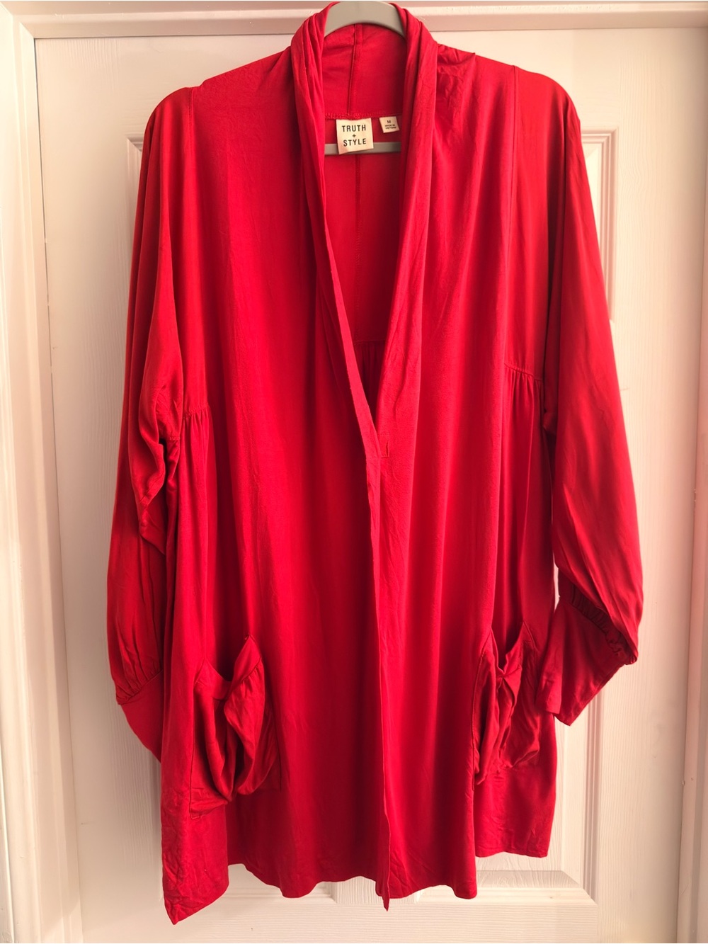 Truth Relaxed Open-Front Tunic Cardigan in Red